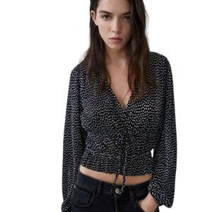 Zara Black and White Dotted V-Neck Long Sleeve Blouse